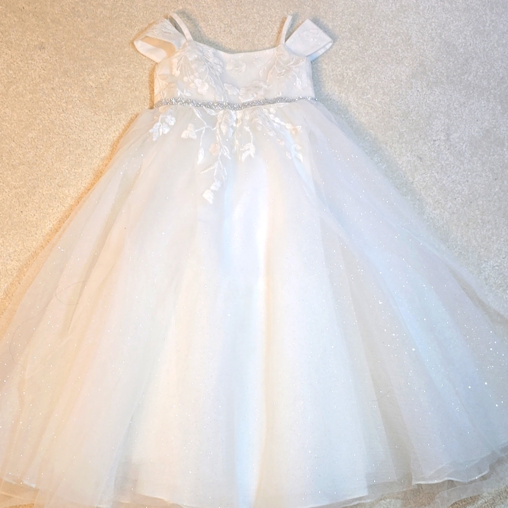 David's Bridal Sparkle Organza Flower Girl Dress w/Applique Solid Ivory Size 3